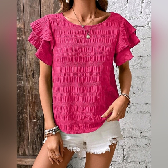 New Chic Textured Stripe Flutter Sleeve Top Blouse Hot Pink - Picture 7 of 9